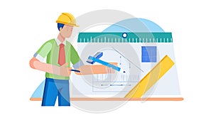 Engineer Working on Blueprint with Tools, Precision Design, vector design Generative AI