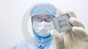 An engineer working in a clear room wearing a special uniform and protective glasses hold processor cpu by hand in glove