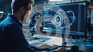 Engineer Working on Computer-Aided Design of a 3D Engine Model