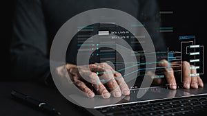 Engineer working with database for digital data design or cyberspace network and connection. Information science system analysis,