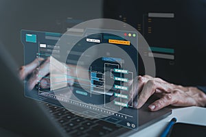 Engineer working with database for digital data design or cyberspace network and connection. Information science system analysis,