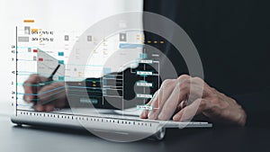 Engineer working with database for digital data design or cyberspace network and connection. Information science system analysis,