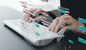 Engineer working with database for digital data design or cyberspace network and connection. Information science system analysis,