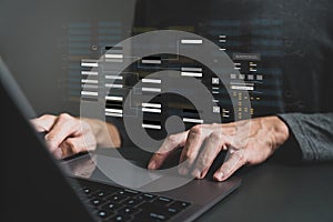 Engineer working with database for digital data design or cyberspace network and connection. Information science system analysis,