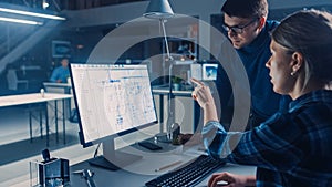 Engineer Working on Desktop Computer, Screen Showing CAD Software with Technical Blueprints, Her M