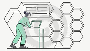 Engineer working on laptop, technological innovation vector, software development, coding and programming, vector design