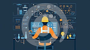 An engineer working on multiple computer screens, showing management software and data visualization