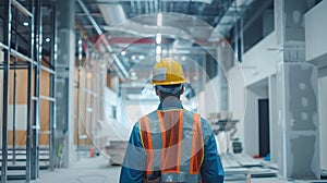 Engineer in workwear and helmet walking through construction site