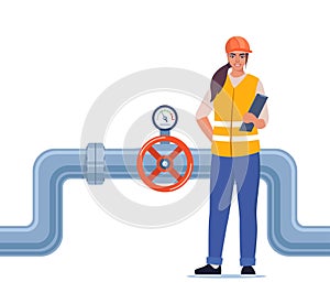 Engineer in workwear and protective helmet inspect petroleum or water pipelines. Valve and pressure gauge on the pipe. Oil, gas or