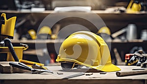 yellow helmet on the table, construction equipments on the table, building helmet background