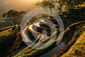 Engineered waterways feeding terraced gardens, ancient marvel, golden hour light, side view, historic detail