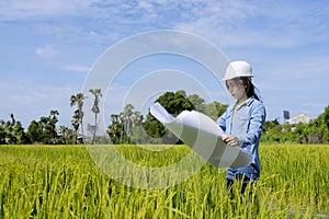 Engineering Asian woman is checking the area for construction