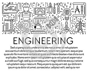 Engineering banner template with graphic linear icons and text