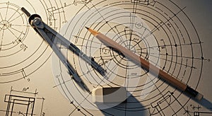 Engineering Blueprint With Drafting Tools And Pencil drawing technical drawing