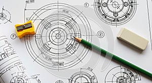 Engineering Blueprint with Pencil, Eraser, and Sharpener technical drawing