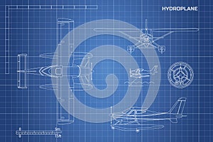 Engineering blueprint of plane. Hydroplane view: top, side and front. Industrial drawing of aircraft
