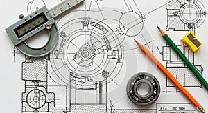 Engineering Blueprint with Precision Measuring Tools Including a Caliper, Bearing, and Pencils for Technical Drawing and Design