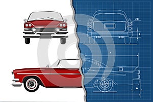 Engineering blueprint of retro car. Vintage cabriolet. Front, side and back view. Industrial drawing