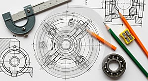 Engineering Blueprint with Drafting Tools and Mechanical Components technical drawing