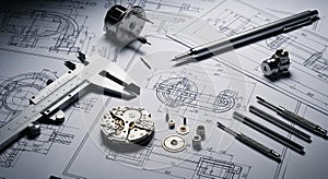 Engineering Blueprints with Precision Tools and Mechanical Parts