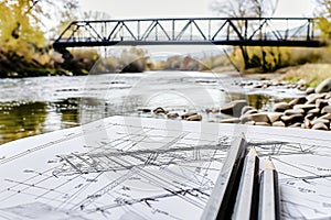 Engineering blueprints by riverside with bridge in background