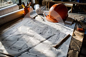 Engineering blueprints and safety helmet on desk