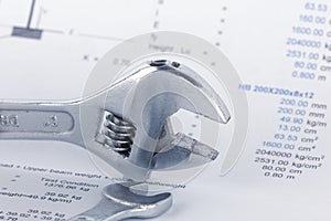 Engineering calculation documents with wrench. Maintencance concept