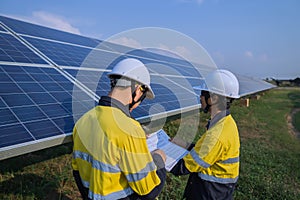 Engineering is checking the accuracy of the solar panel system installation, alternative electricity source, concept of