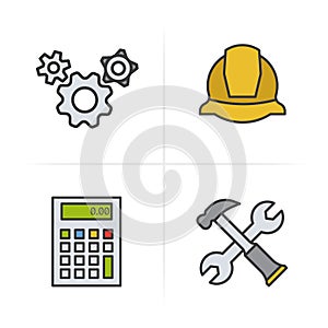 Engineering color icons set. Helmet, gears options, hammer and wrench, calculator symbol. Logo concepts. Vector