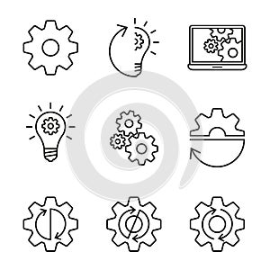 Engineering and Construction line icon set. Gears and cog wheels outline symbols. Vector illustration.