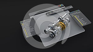 An engineering designer designs 3D CAD software. The model is a mechanical dimensional digital production factory