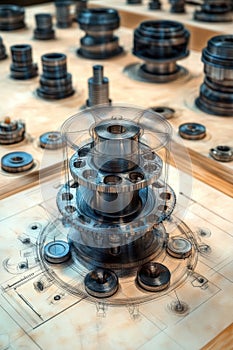 Engineering detail lying on an engineering drawing . Mechanical engineering drawing