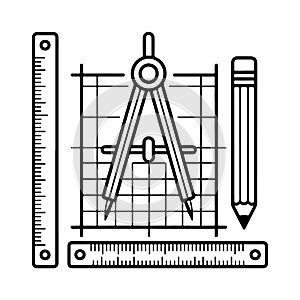 Engineering drafting tools compass ruler pencil grid