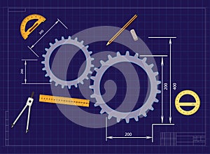 Engineering drawing on a blue background and tool