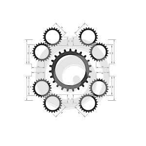 Engineering drawing on a blue background and tool
