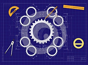 Engineering drawing on a blue background and tool