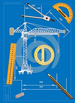 Engineering drawing on a blue background and tools to measure