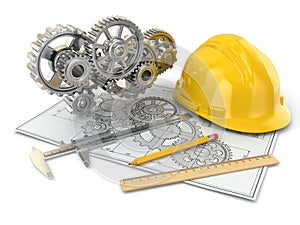 Engineering drawing. Gear, hardhat, pencil and draft.