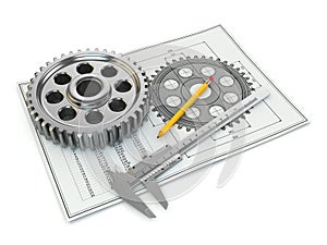 Engineering drawing. Gear, trammel, pencil and draft.