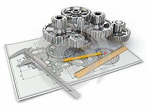 Engineering drawing. Gear, trammel, pencil and draft.