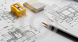 Engineering Drawing with Pencil Eraser and Sharpener Tools blueprint technical drawing