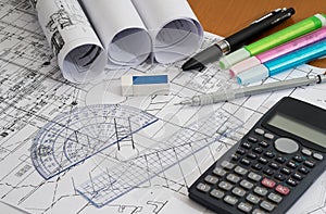 Engineering Drawings with Drafting Pencil, highlighters and measuring tools.