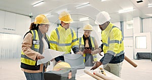 Engineering group, blueprint planning and tablet at construction site, warehouse or design development, Industry people