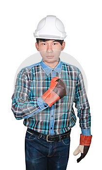 Engineering hand fist making symbol wear Striped shirt blue and glove leather with white safety helmet plastic On head white