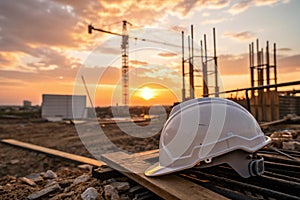 Engineering helmet at sunset on construction site