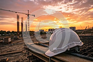 Engineering helmet at sunset on construction site