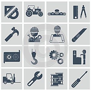 Engineering icon set. Engineer construction equipment machine operator managing and manufacturing icons