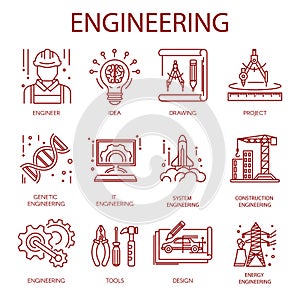 Engineering icons for construction building or plan drawing and energy technology.