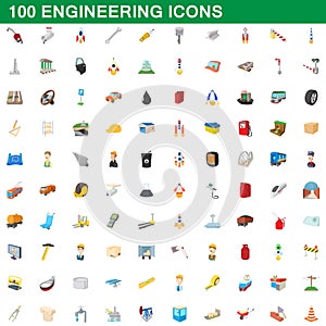 100 engineering icons set, cartoon style