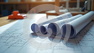 Engineering industry construction architecture design blueprint on table. Rolled up plans, technical drawings, drafting documents